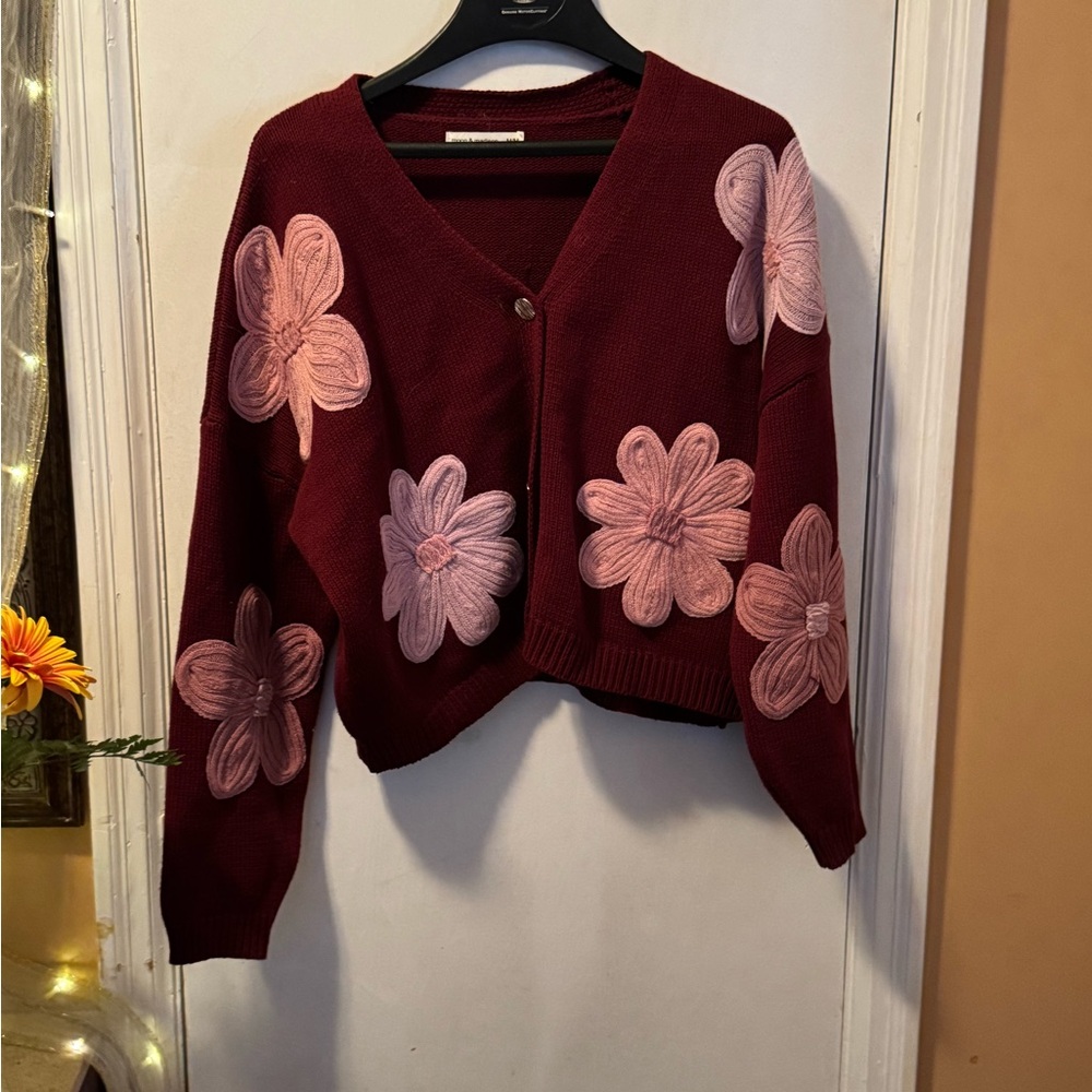 Moon & Madison Burgundy Cardigan with Pink Floral Accents